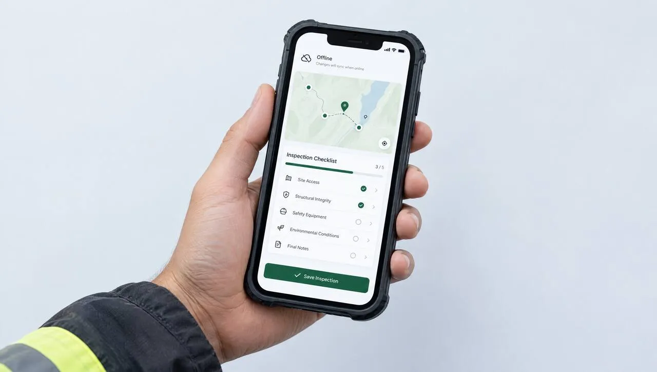 Offline inspection app held by a field technician